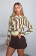 Catch My Heart Cinched Waist Long Sleeve Top Chocolate/Banana Stripe