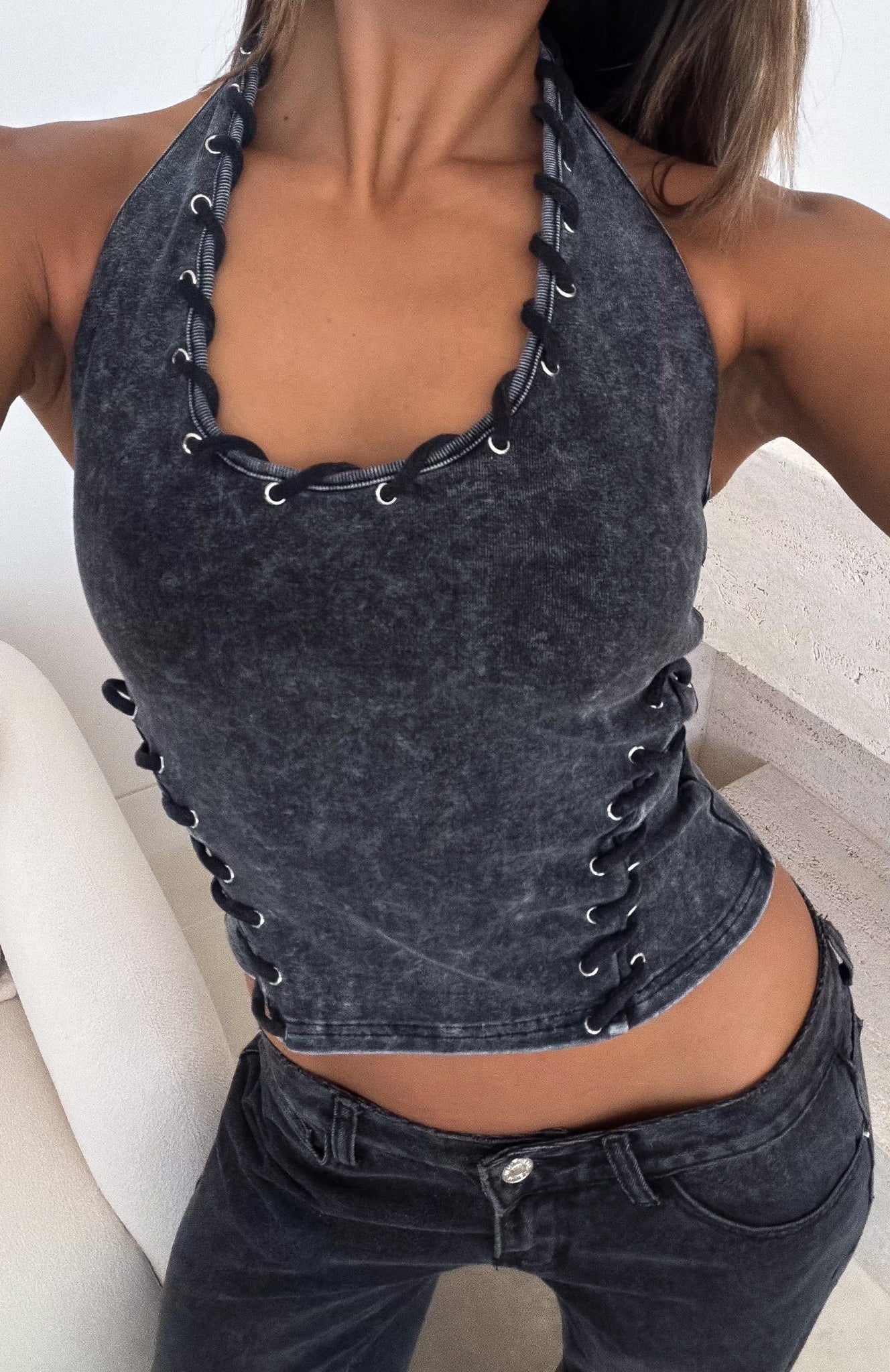 Desert Beats Halter Top Washed Black