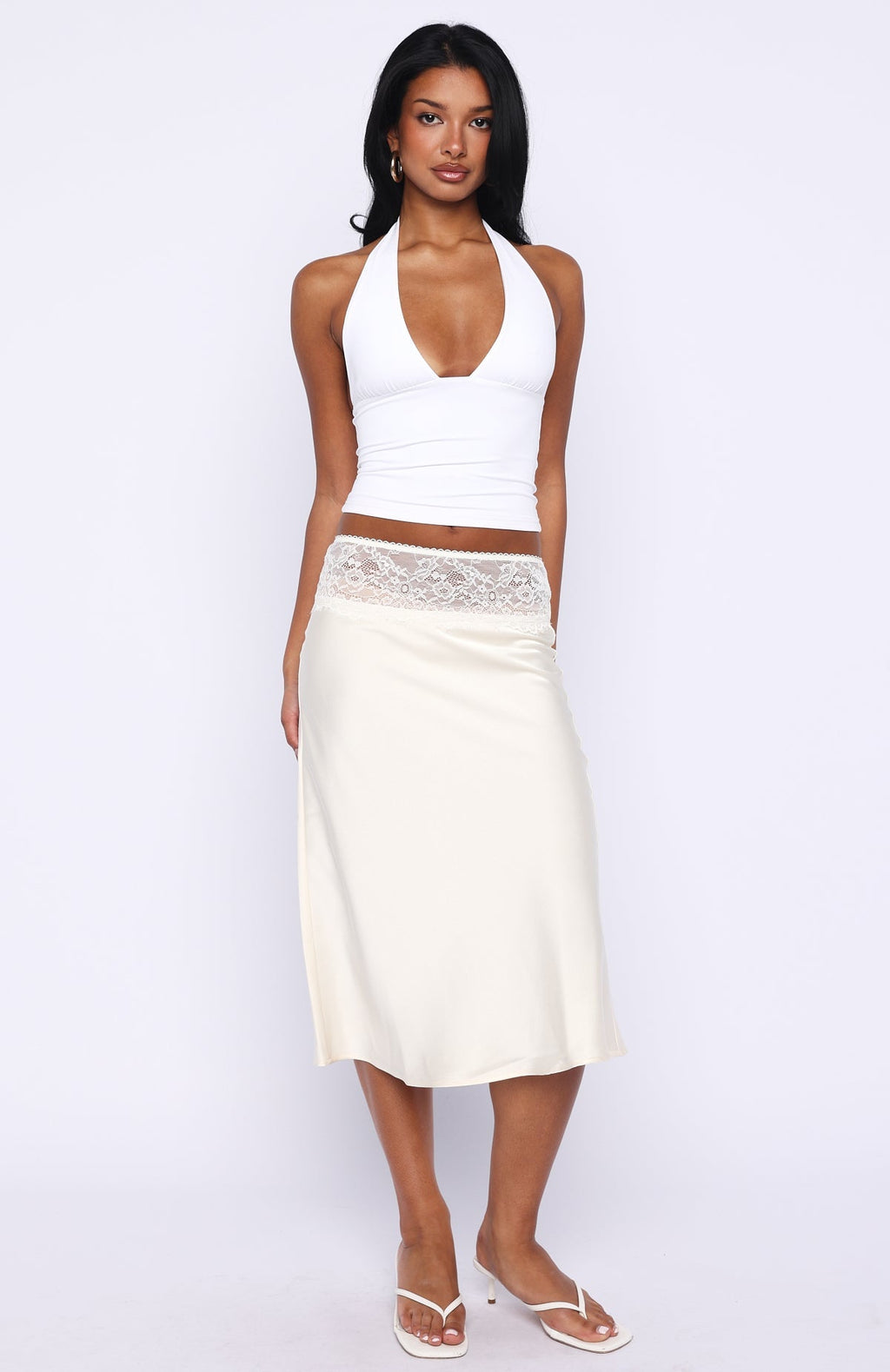 For A Long Time Lace Trim Midi Skirt Cream