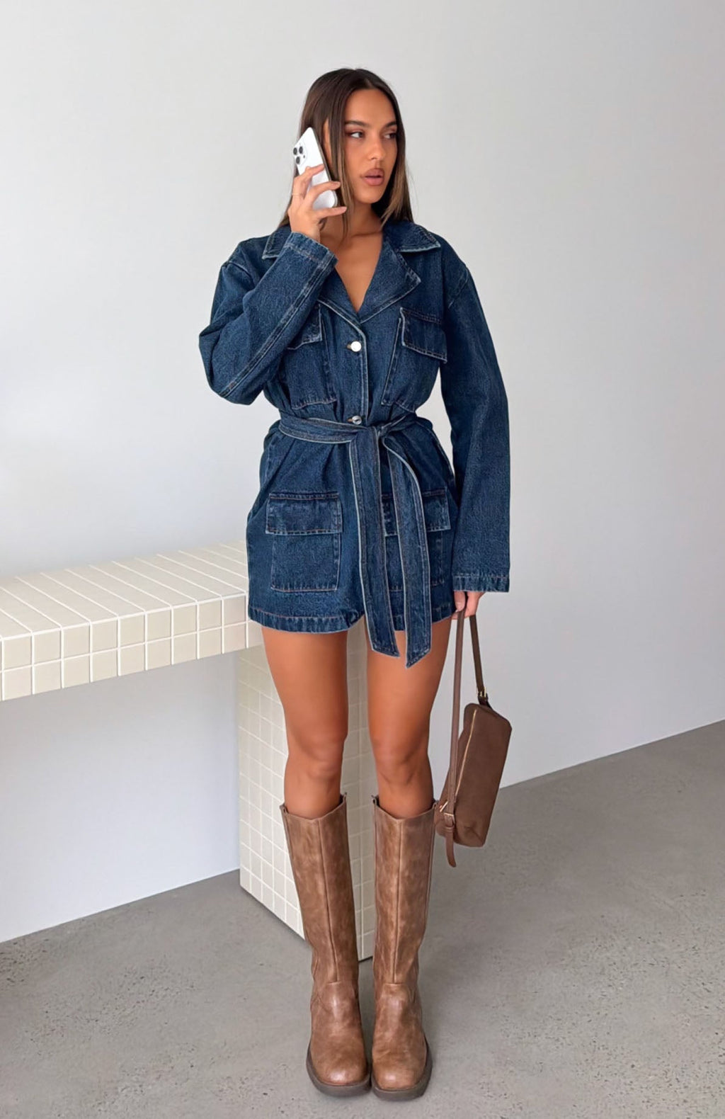 Freefall Romance Long Sleeve Denim Dress Dark Blue