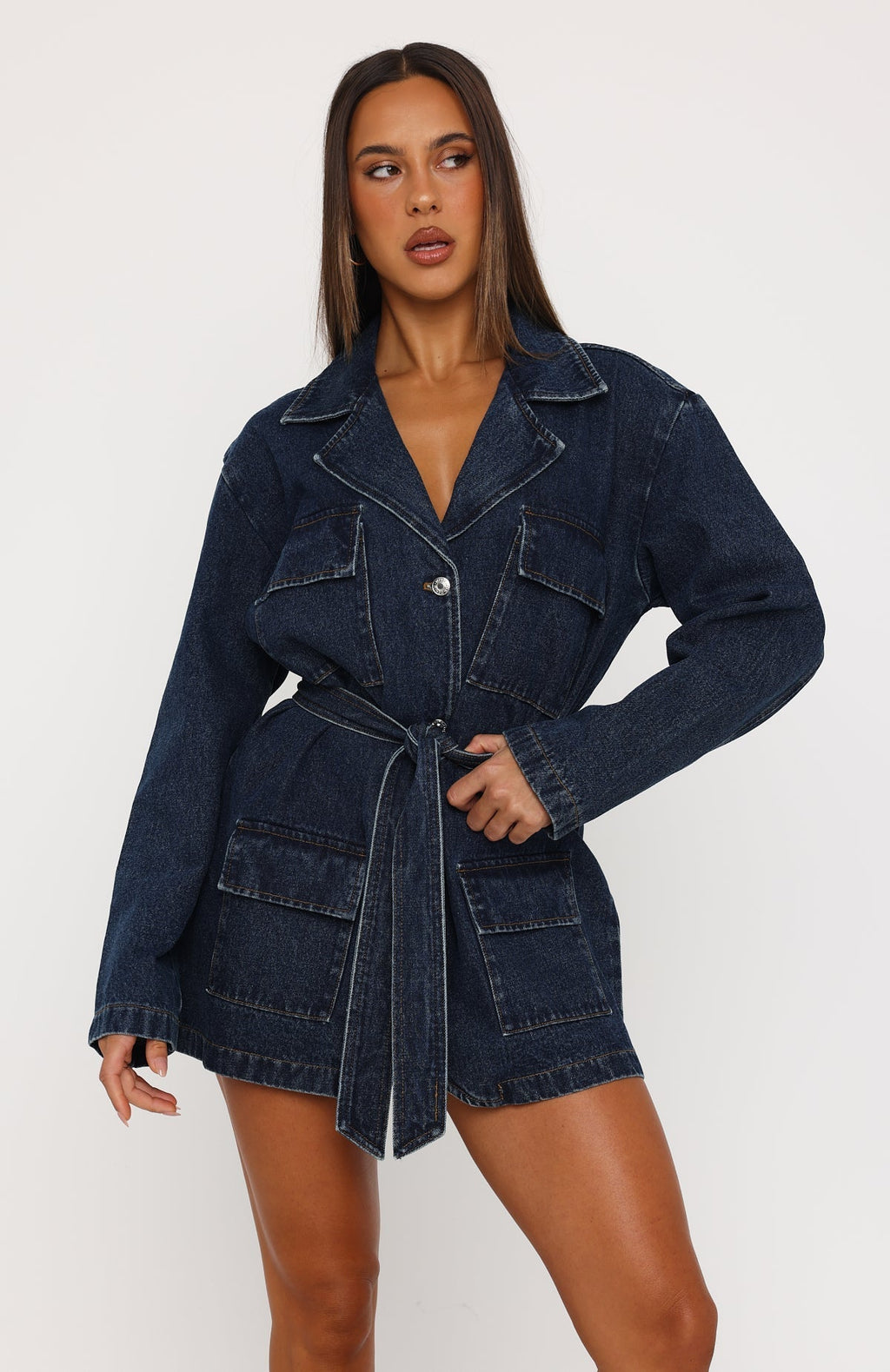 Freefall Romance Long Sleeve Denim Dress Dark Blue
