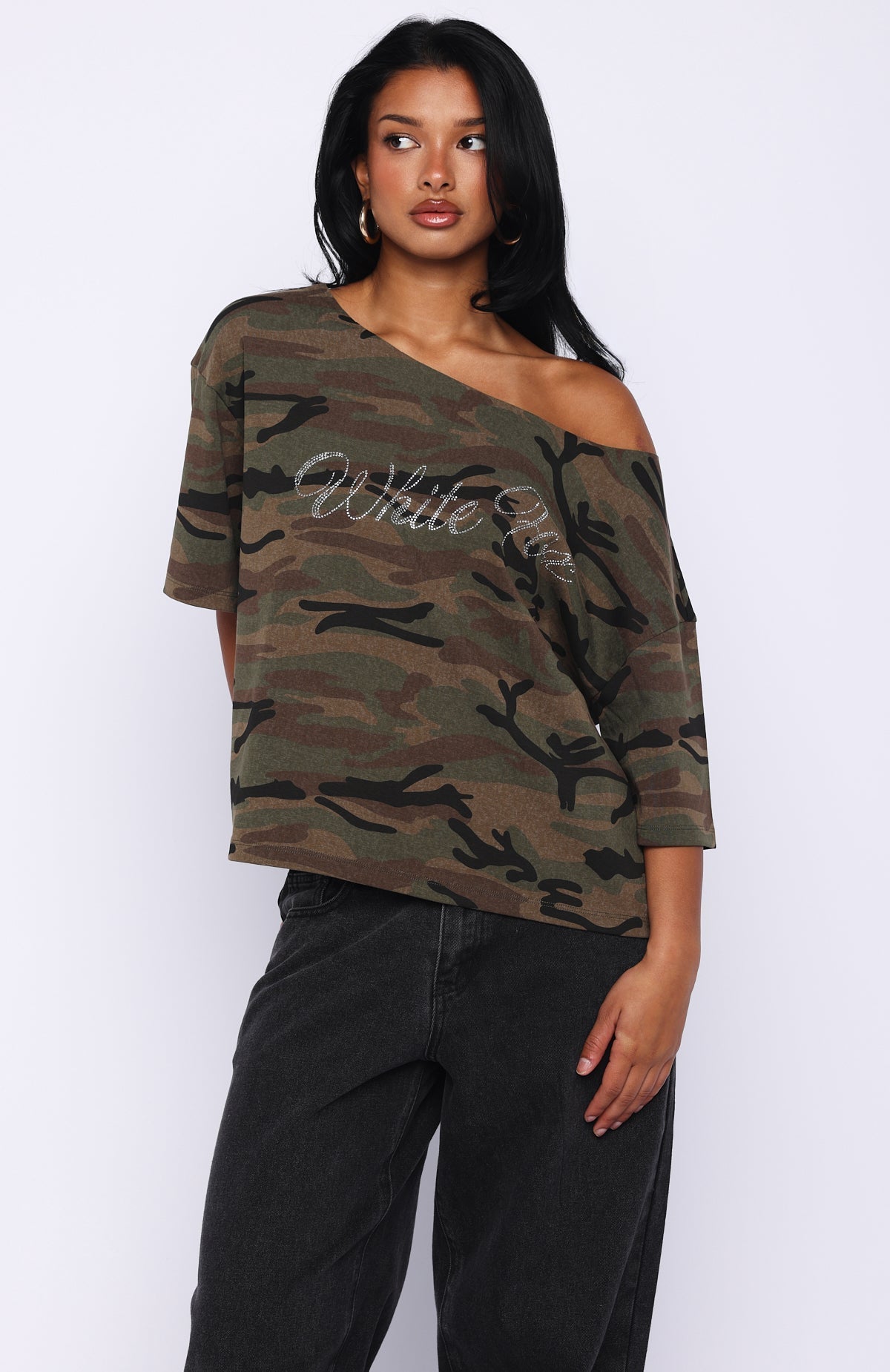 Glisten Up Off Shoulder Oversized Tee Green Camo