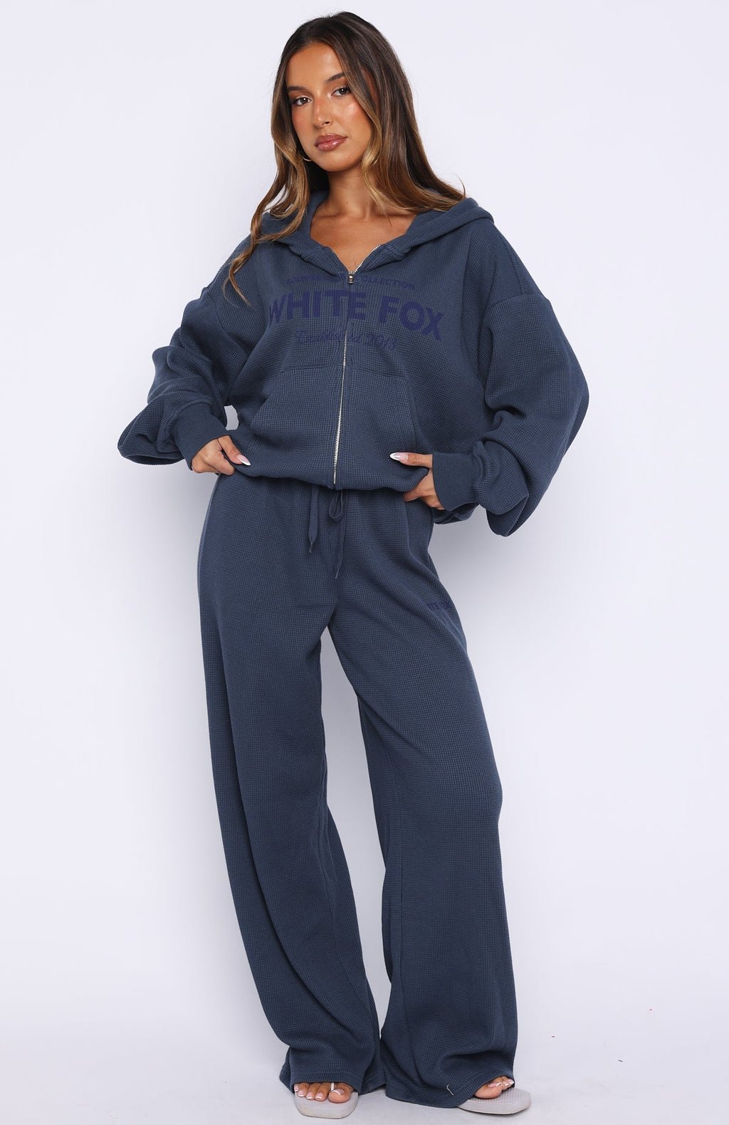 Leave Me Out Of It Waffle Boxy Zip Front Hoodie Navy