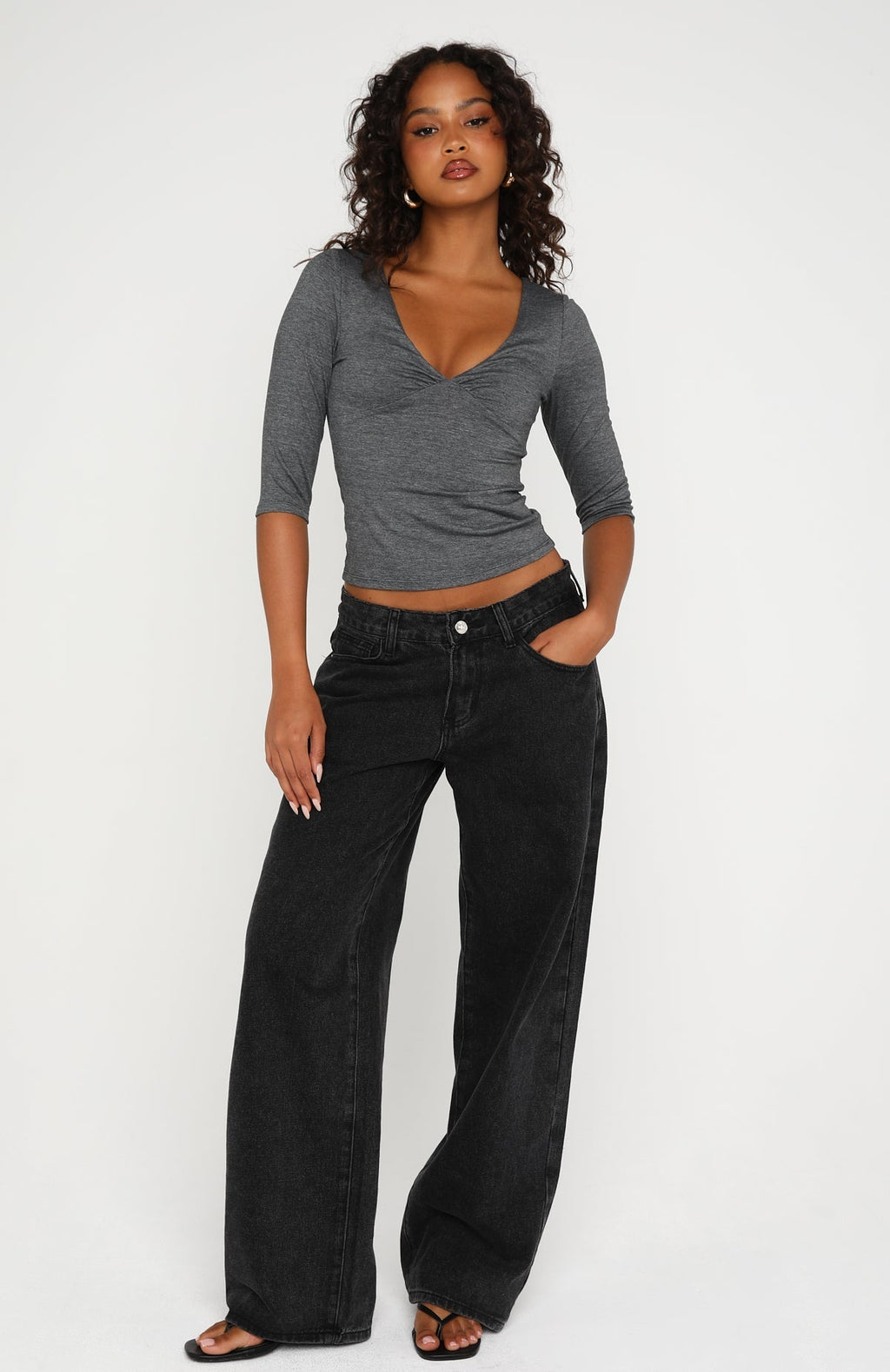 Little Bit Of Everything 3/4 Sleeve V Neck Top Charcoal Marle