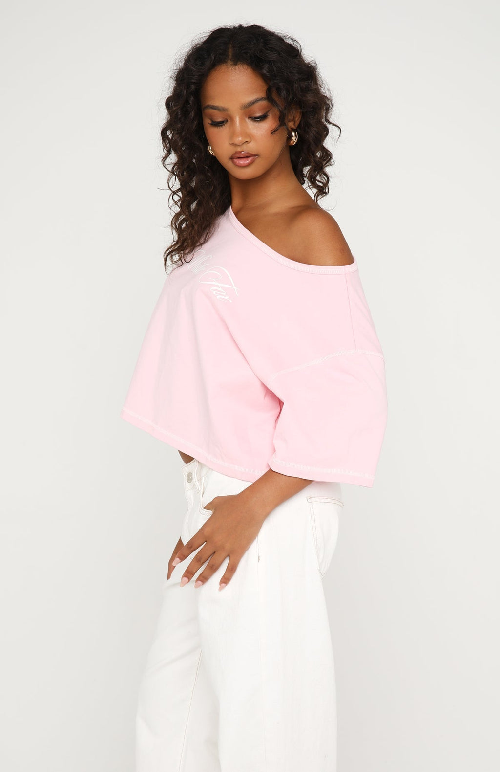 Need More Time Off Shoulder Oversized Tee Pink