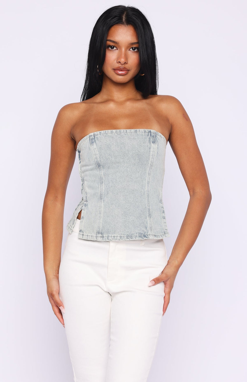 Not Listening Strapless Denim Top Light Blue