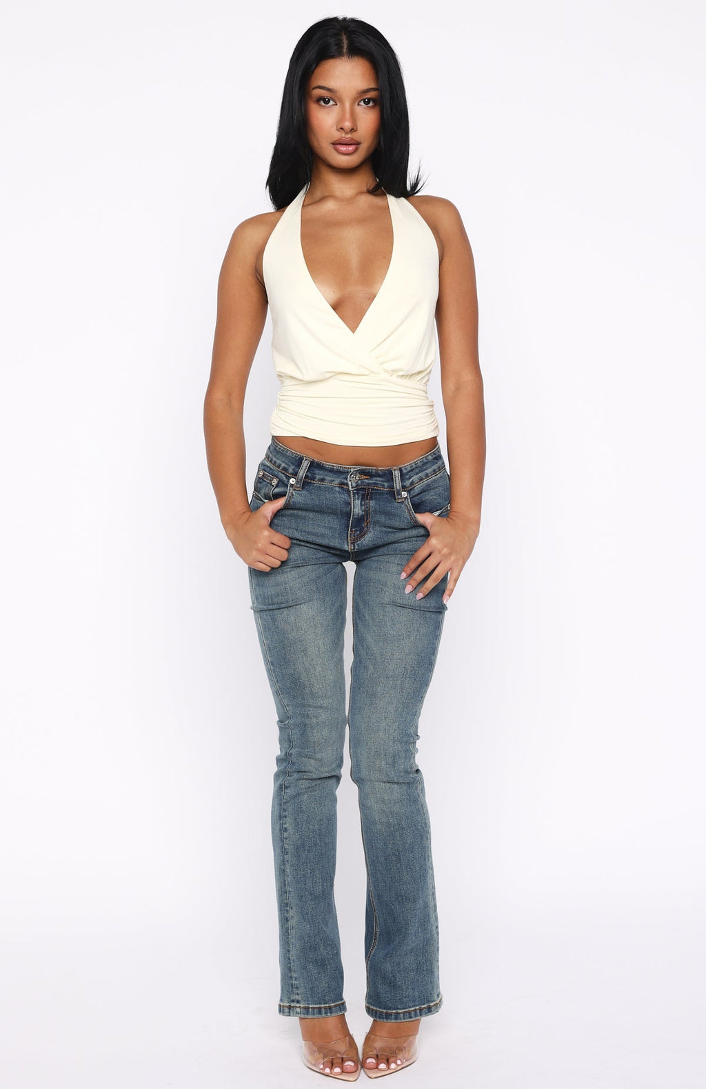 Show Stopping Cinched Waist Halter Top Cream