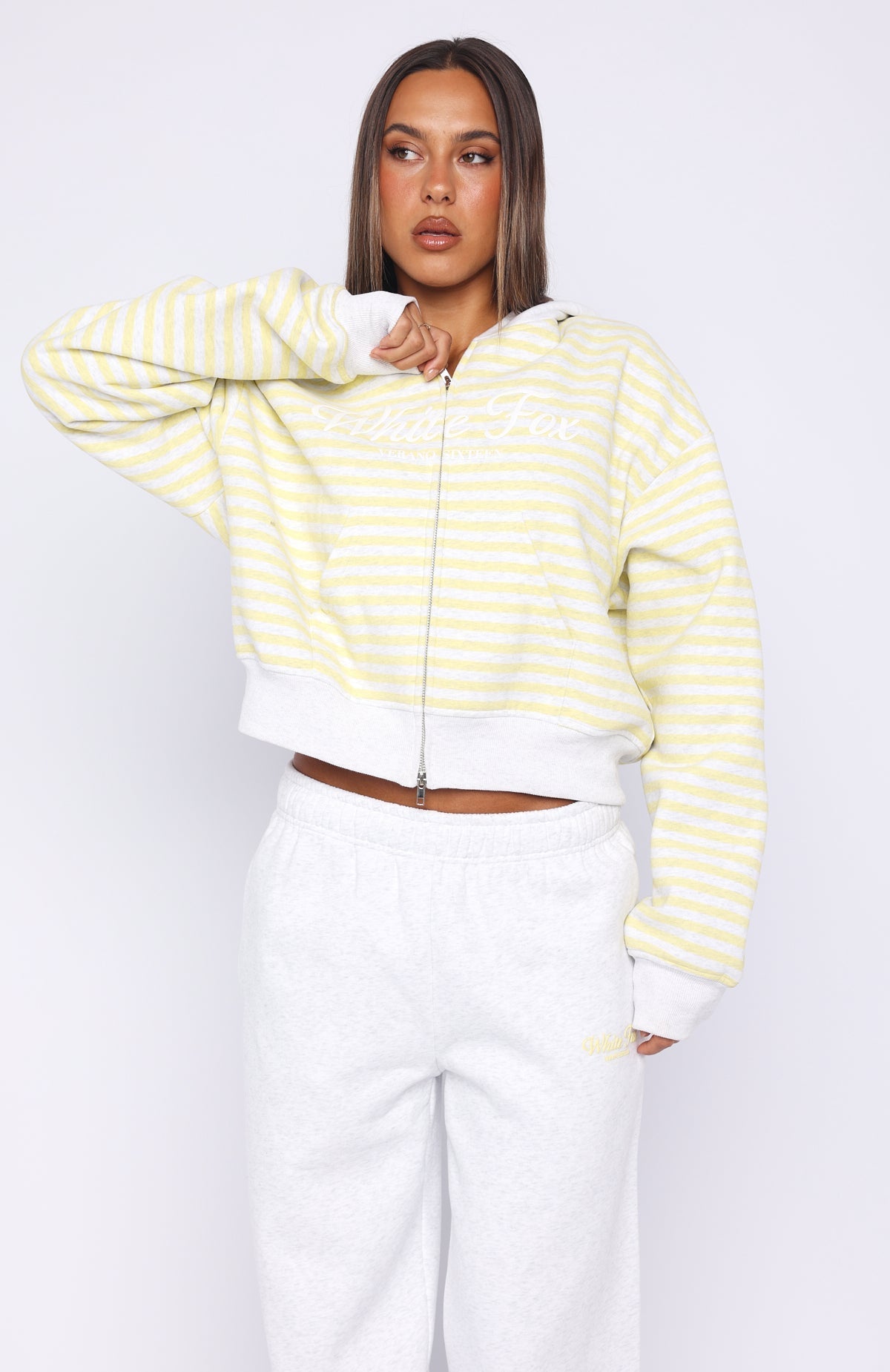 Verano Sixteen Maria Boxy Zip Front Hoodie Grey Marle/Lemon Stripe